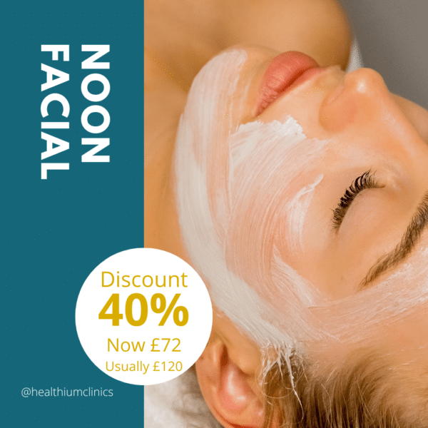 A person enjoying a facial with cream applied. Text reads 40% off Skin consultation and bespoke Noon treatment, Now £72 Usually £120 with the handle @healthiumclinics.