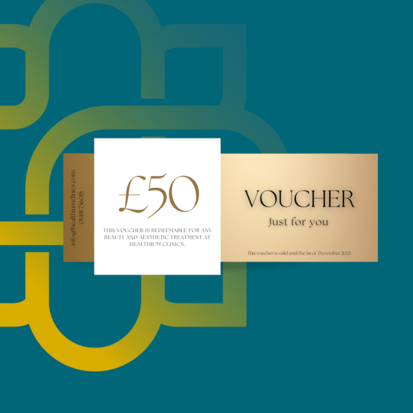 A Voucher £50 for beauty and aesthetic treatment at Healthium Clinics, with a metallic and teal design featuring geometric patterns, valid until December 1, 2023.