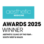 A logo stating Aesthetic Medicine above bold text reading Awards 2025 Winner: Aesthetic Clinic of the Year – South West & Wales on a white background.