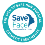 A teal circular badge reads: The Sign of Safe Non-Surgical Cosmetic Treatments around the edge. Inside, it says Save Face with a profile silhouette and the website www.saveface.co.uk.