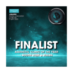 Graphic announcing a finalist for Aesthetic Clinic of the Year – South West & Wales at the Aesthetic Awards, held at Royal Lancaster London on 9 May 2025. Turquoise background with a trophy image in the corner.