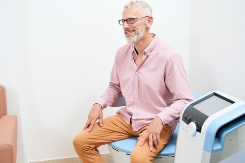 A healthcare professional in blue scrubs is taking the blood pressure of a woman sitting on a sofa. The woman is wearing a brown top and has short blonde hair. The setting is cozy, with a lamp and bookshelf in the background.