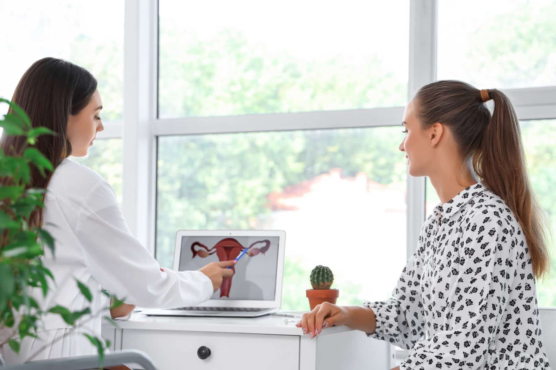 Female doctor talking with a woman during a private women's health consultation
